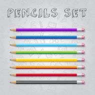 Vector rainbow colors pencils collection with doodle seamless pattern as