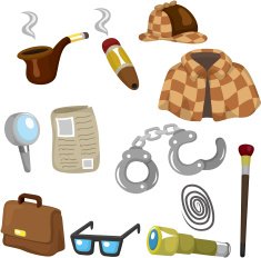 cartoon detective tool icon set