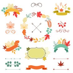 Autumn leaves set of wreath ribbons and labels