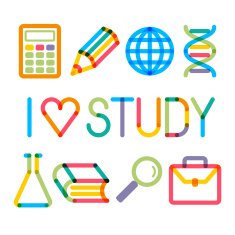 Trendy multiply education icons and phrase "I like study!"
