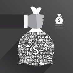 infographic Template with businessman hand hold money bag icons