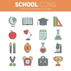 Set of school thin lined flat icons with education elements