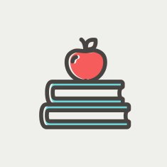 Three books with apple on the top thin line icon