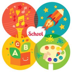 Set of colorful vector icons Happy school music rocket notebook