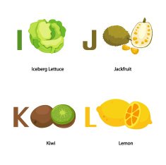 Alphabet I-L letter iceberg lettuce jack fruit kiwi lemon vector N2