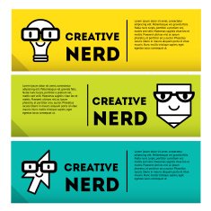Nerds banner icon set with funny faces in glasses