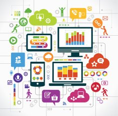 Flat design background the communications in a global computer network