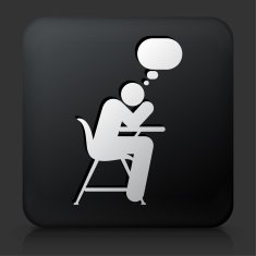 Black Square Button with Thinking on School Desk