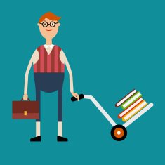 Student with glasses pushing a cart books