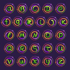 Full alphabet one line colorful letters with atoms orbits