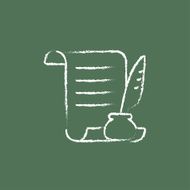 Paper scroll with feather pen icon drawn in chalk