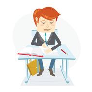 Concentrated school student writing at the desk on his lessons N2