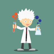 Scientist or professor holding flask pose for advertising and pr