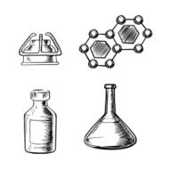 Flask burner bottle and molecule icons sketch