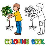 Boy the gardener with a tree Coloring book