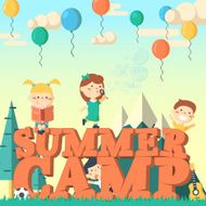Summer camp flier vector illustration Fun kids playing outdoors