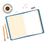 Open book pencils and clips icolated on white background