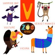 Cute zoo alphabet in vector V letter Funny cartoon animals N2