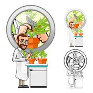 Plant Scientist Cartoon Character Cutting a Leaf from