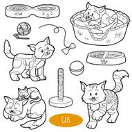 Colorless set of cute domestic animals and objects vector cats N2