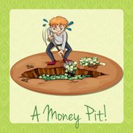Man digging pit full of money