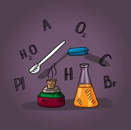 illustration for a chemistry lesson with flasks chalk spoon