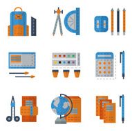 School utensils flat color vector icons