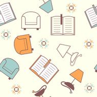 Seamless pattern with books lamp and armchair