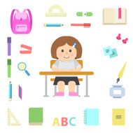 Cute Girl Character sitting at a School Desk with Supplies