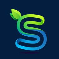 S letter with green leaves and water waves