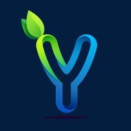 Y letter with green leaves and water waves