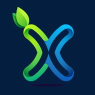 X letter with green leaves and water waves
