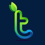 T letter with green leaves and water waves