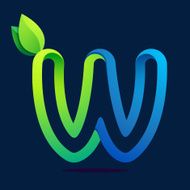 W letter with green leaves and water waves