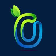 O letter with green leaves and water waves