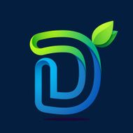 D letter with green leaves and water waves