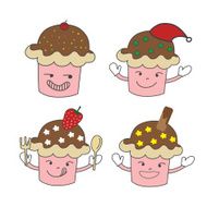 cartoon hand drawn cupcake character set with Christmas hat N2