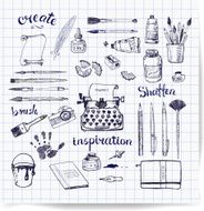 Sketches of artist&#039;s and writer&#039;s tools hand drawn with ink