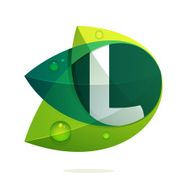 L letter with green leaves and dew drops