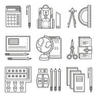 School items flat line vector icons