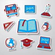 School education sticker icons set with - globe notebook blackboard