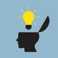 bright light bulb on top of opened human head