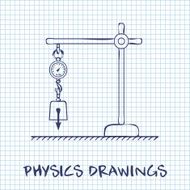 Loaded dynamometer scale physics drawing on paper sheet background