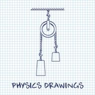 Loaded Movable Pulleys and rope physics drawing on paper sheet