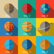 Flat icons set planets with names and astronomical symbols -