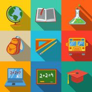 School education modern flat icons set - globe notebook blackboard