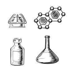 Flask burner bottle and molecule icons sketch