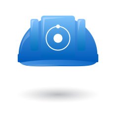 Blue work helmet with an atom