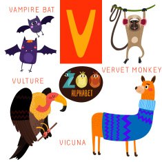 Cute zoo alphabet in vector V letter Funny cartoon animals N2
