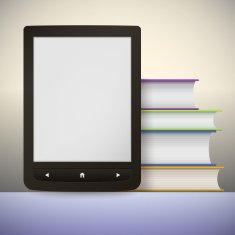 Electronic book reader with a stack of books